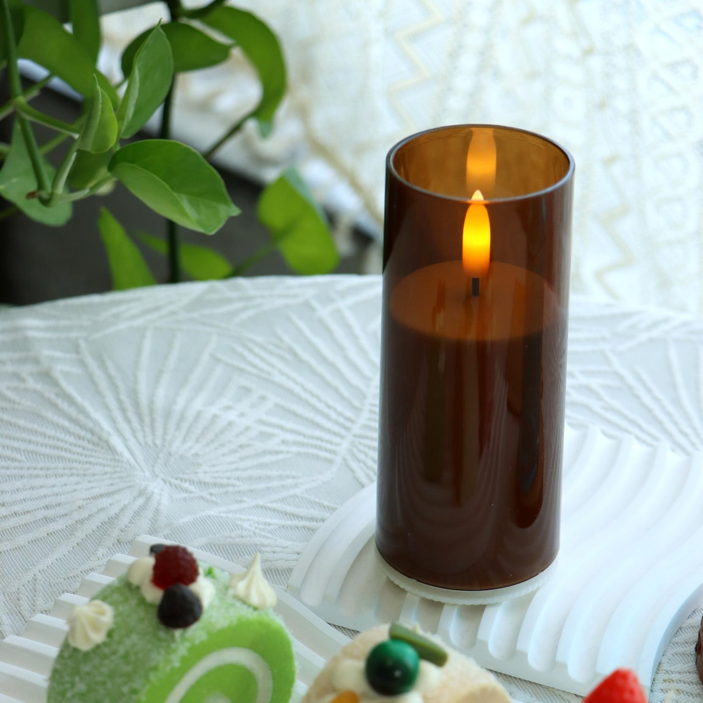 EZiKitchen 2 Pack LED Battery Operated Candles 2"x 5" Plastic Flickering Flameless Candles with Timer Wedding Party Halloween Christmas Decoration Gifts Slim Tall Pillar Candles,Brown