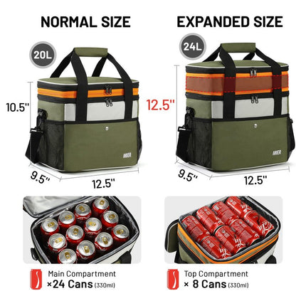 MIER Expandable 24L Lunch Bag Double Layer Insulated Cooler Tote Soft Cooler Bags 30Can Mens Adults Lagre Leakproof Lunch Boxes for Work, Picnic, Camping, Travel, Army Green