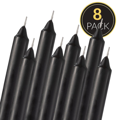 Straight Black Candlesticks - Pack of 8 6" Coated Black Candles - 5 Hour Long Burning Unscented Candles for Halloween, Chime, Wedding, and Home Decoration