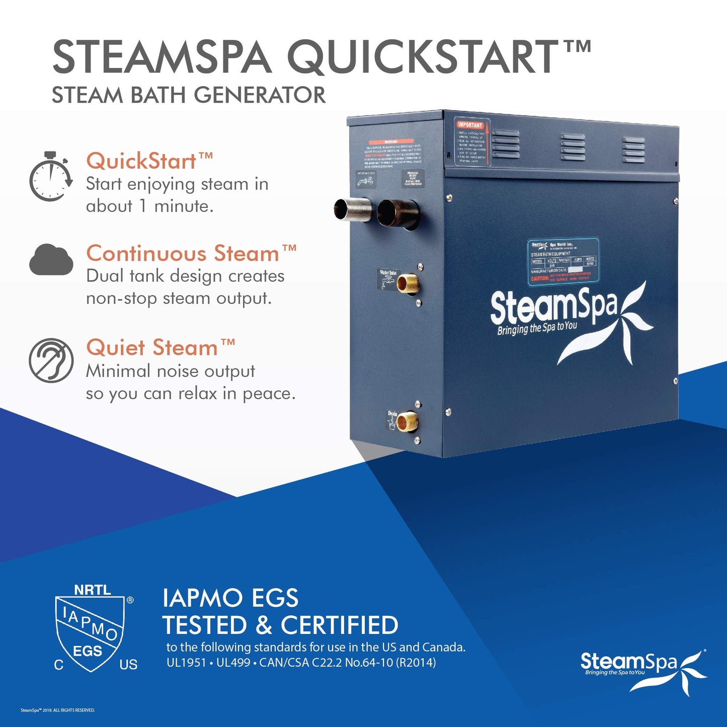 STEAMSPA 7.5kW Steam Sauna Generator Sentry Series 240V Steam Generator with Touch Screen, Steamhead, Built-in Steam Shower Auto Drain, ACU Quickstart Steam Bath Generator (Brushed Nickel)