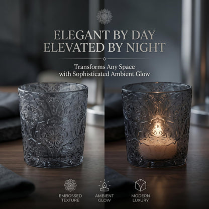 6 Pack Mandala Embossed Glass Candle Holders – Votive Tealight Holders with Patent Design, Decorative Embossed Glass Cups for Wedding Centerpieces, Parties, and Home Décor (Smoky Quartz)