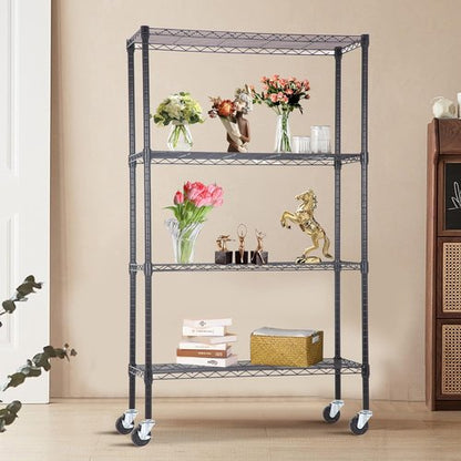 BestOffice 4-Tier Wire Storage Shelves with Wheels - Adjustable Heavy-Duty Metal Rack | 36x14x62 | Black | Holds Up to 500 lbs | No-Tool Assembly for Home & Garage