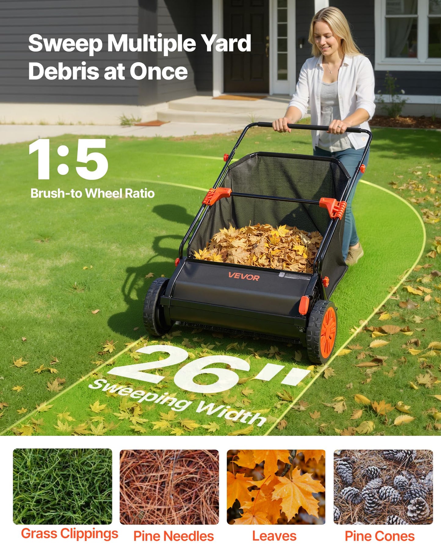 VEVOR Push Lawn Sweeper, 26 in Leaf & Grass Collector with 7 cu. ft. Hopper Bag, Adjustable Brush Height & Spinning Brushes, Heavy Duty Yard Sweeper with Rubber Wheels for Leaves Grass Cleanup