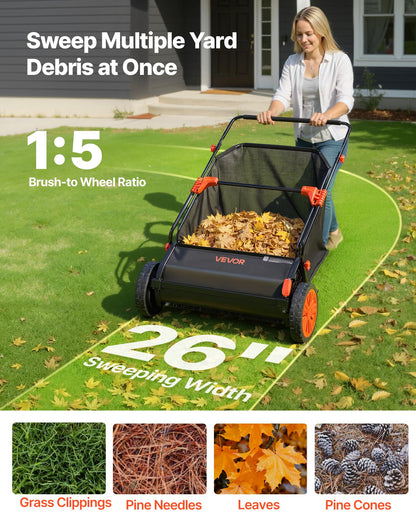 VEVOR Push Lawn Sweeper, 26 in Leaf & Grass Collector with 7 cu. ft. Hopper Bag, Adjustable Brush Height & Spinning Brushes, Heavy Duty Yard Sweeper with Rubber Wheels for Leaves Grass Cleanup