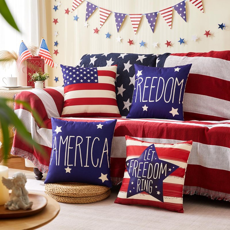 4th of July Pillow Covers 18x18 Inch,Set of 4 Patriotic Red White Blue Summer Outdoor Throw Pillow Covers,Independence Memorial Day USA Flag Linen Fourth of July Cushion Case for Sofa Couch Decor