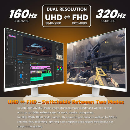 CRUA 27'' 4K Gaming Monitor, UHD 160Hz / FHD 320Hz Dual Mode IPS White Computer Monitors, Rotating/Pivot & Height-Adjustable, AMD FreeSync, Built-in Speakers, PIP/PBP, HDMI 2.1 & DP 1.4