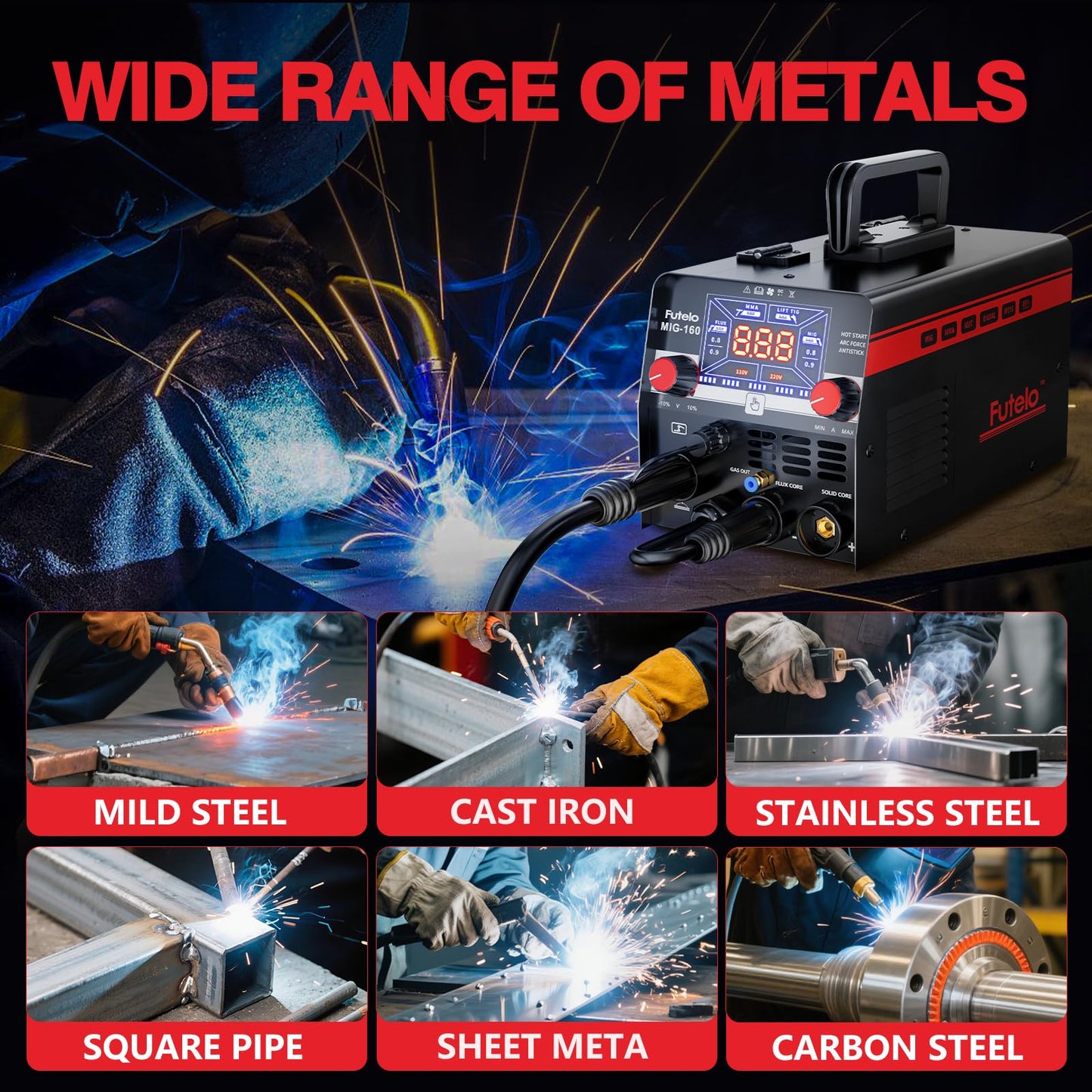 Futelo 160A MIG Welder, 4 in 1 Gas/Gasless MIG Flux Core/Lift TIG/Stick Welder Machine 110V 220V with Large LED Display, Portable IGBT Inverter with Synergy for Metal Repair and Beginners