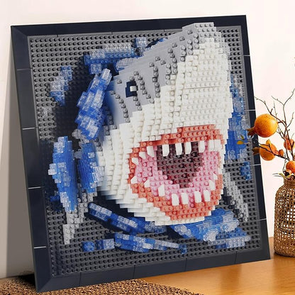 1800PCS Animal Shark 3D Wall Art Micro Mini Building Blocks Set not Compatible with Lego SizeUnique Home or Table Decor Painting with Specialized TweezersPresent DIY Shark Toy for 14+