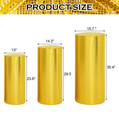 SaitiMade Set of 3 Gold Cylinder Pedestal Stand Covers, 3pcs Spandex Disco Cylinder Stand Covers for Party, Wedding or Birthday Event Decor (Only Contains Cylinder Covers)