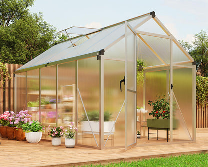 6X8FT Greenhouse, Aluminum Polycarbonate Outdoor Green House, Green Houses for Outside with Sliding Doors, Ajustable Roof Vent, Withstands Bad Weather for Garden, or Backyard, Silver