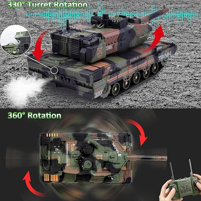 RC Tank That Shoots - 2.4Ghz Remote Control Army Tank with Smoke Lights Sounds 360° Rotating Turret Auto Demo 13 Channel Military Vehicles Model Gift for Boys 6-8
