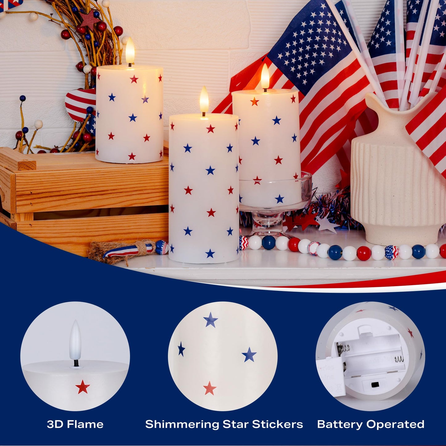 JOIONE 4th of July Flameless Pillar Candles with Remote, 3 Pack Patriotic Battery Operated Real Wax LED Candles, Perfect for Independence Day Home Decorations Fireplace Table, Star Sticker