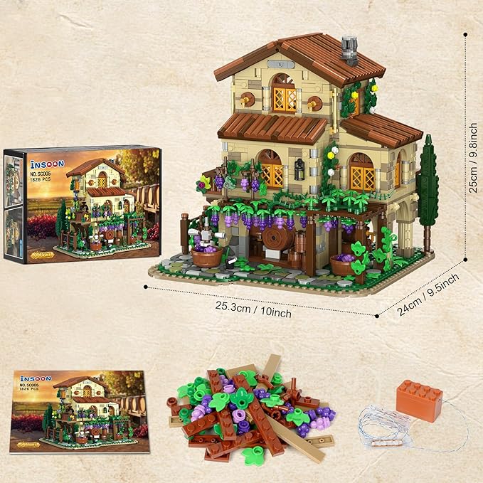 Winery Chateau House Building Set with Lights Vineyard Castle Construction Model Home Decor 1826 PCS Vine Estate Autumn Cabin Building Block Kit Birthday Gift for Adults Teens Boys Girls