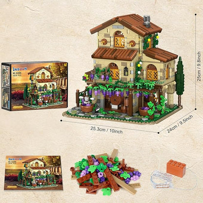 Winery Chateau House Building Set with Lights Vineyard Castle Construction Model Home Decor 1826 PCS Vine Estate Autumn Cabin Building Block Kit Birthday Gift for Adults Teens Boys Girls