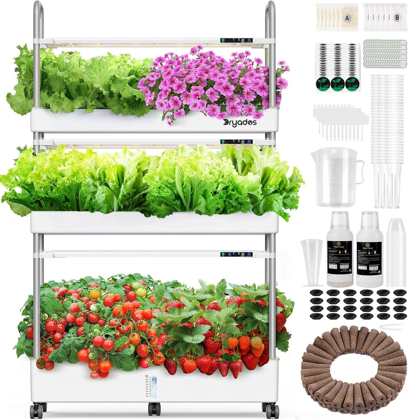 Large Hydroponic Tower Garden System White, 90 Pod Vertical Indoor Growing Kit with LED Grow Light, Auto Circulating Water System, 40L Planter