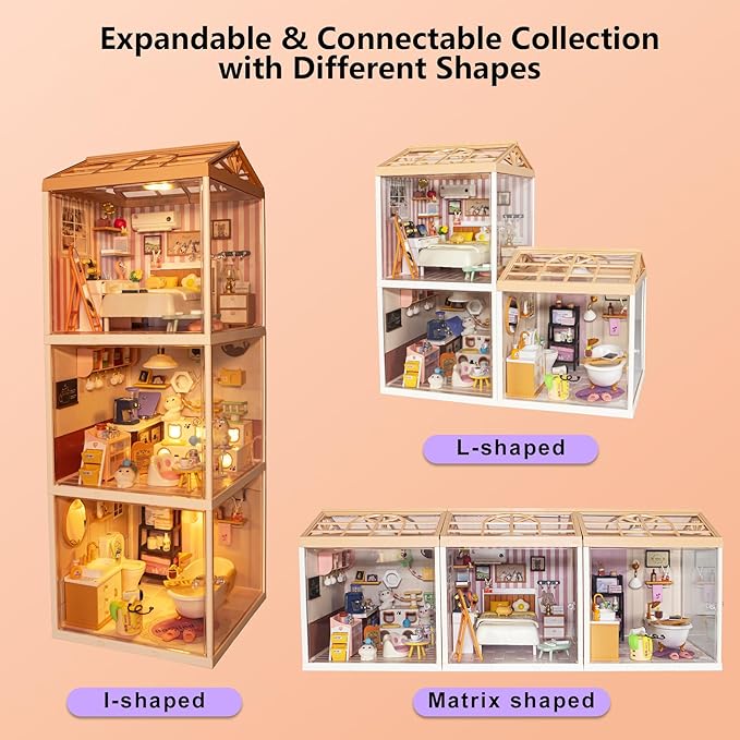 DIY Miniature House Kit with Roof &amp Dust Covers Creative Construction Toys with Light &amp Furniture for Mini Figures Christmas Decoration Gift for Teens Adults (Bathroom)