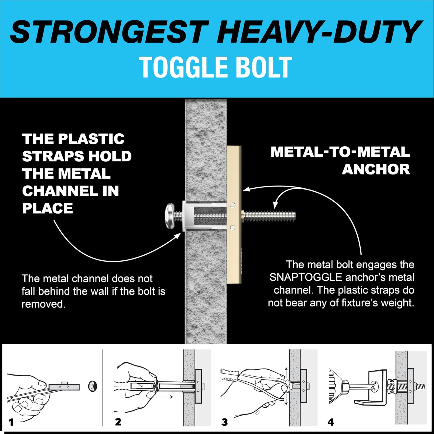 TOGGLER SNAPTOGGLE BB Toggle Anchor with Bolts, Zinc-Plated Steel Channel, Made in US, 3/8" to 3-5/8" Grip Range, for 1/4"-20 UNC Fastener Size (Pack of 10)
