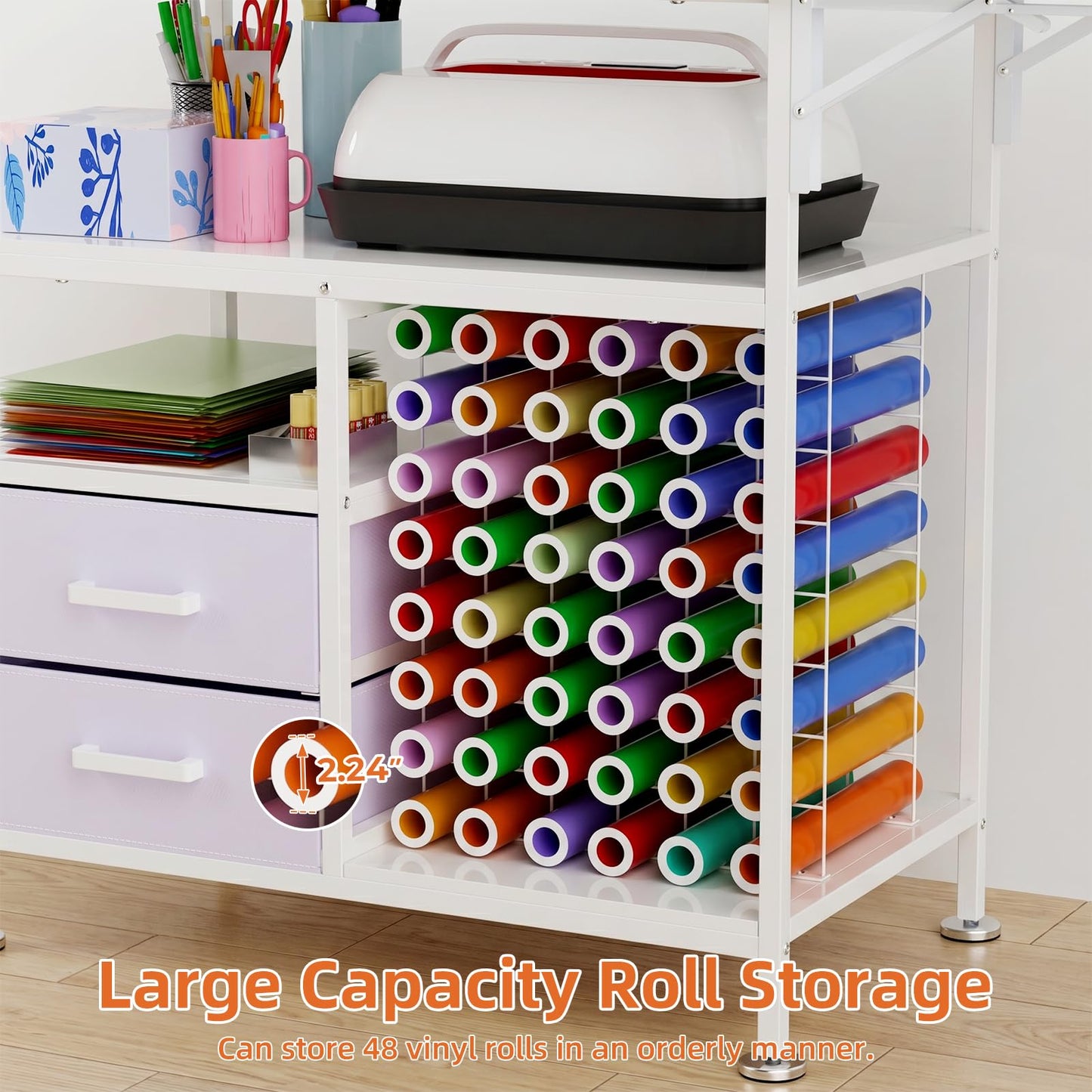 KEIKI Large Foldable Heat Press Table with Storage and Pegboard, Rolling Heat Press Stand with Vinyl Holder and Drawer, Heavy Duty Metal Craft Workbench for Sublimation Transfer, White
