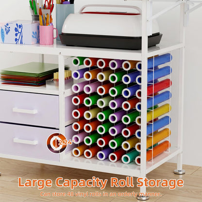 KEIKI Large Foldable Heat Press Table with Storage and Pegboard, Rolling Heat Press Stand with Vinyl Holder and Drawer, Heavy Duty Metal Craft Workbench for Sublimation Transfer, White