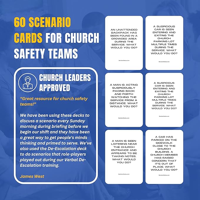 Church Safety and Security Decision Decks | 60 Suspicious Behavior Scenario Cards for Church Security Team Training Situational Awareness and Threat Recognition