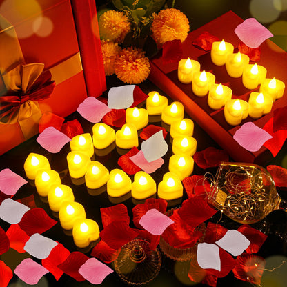 Honoson 1000 Pieces Artificial Rose Petals with 24 Pcs Flameless Heart Shaped LED Tealights Candles Special Romantic Night Decorations for Proposal Wedding Anniversary Table Decor(White with Yellow)