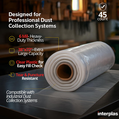 Interplas Dust Collector Bags – 6 Mil Heavy-Duty Clear Plastic Bags 38" x 72" (45 Count) for Dust Collection Systems – Tear-Resistant, High-capacity industrial dust removal
