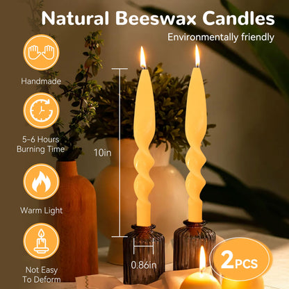 Beeswax Taper Candles Spiral Candle XINAOBAOLUO 10inches Bees Wax Candles Prayer Candles Non Toxic Candle Sticks Handmade Natural Honey Twisted Candlesticks Set for Table Home Decor Meditation 2pcs