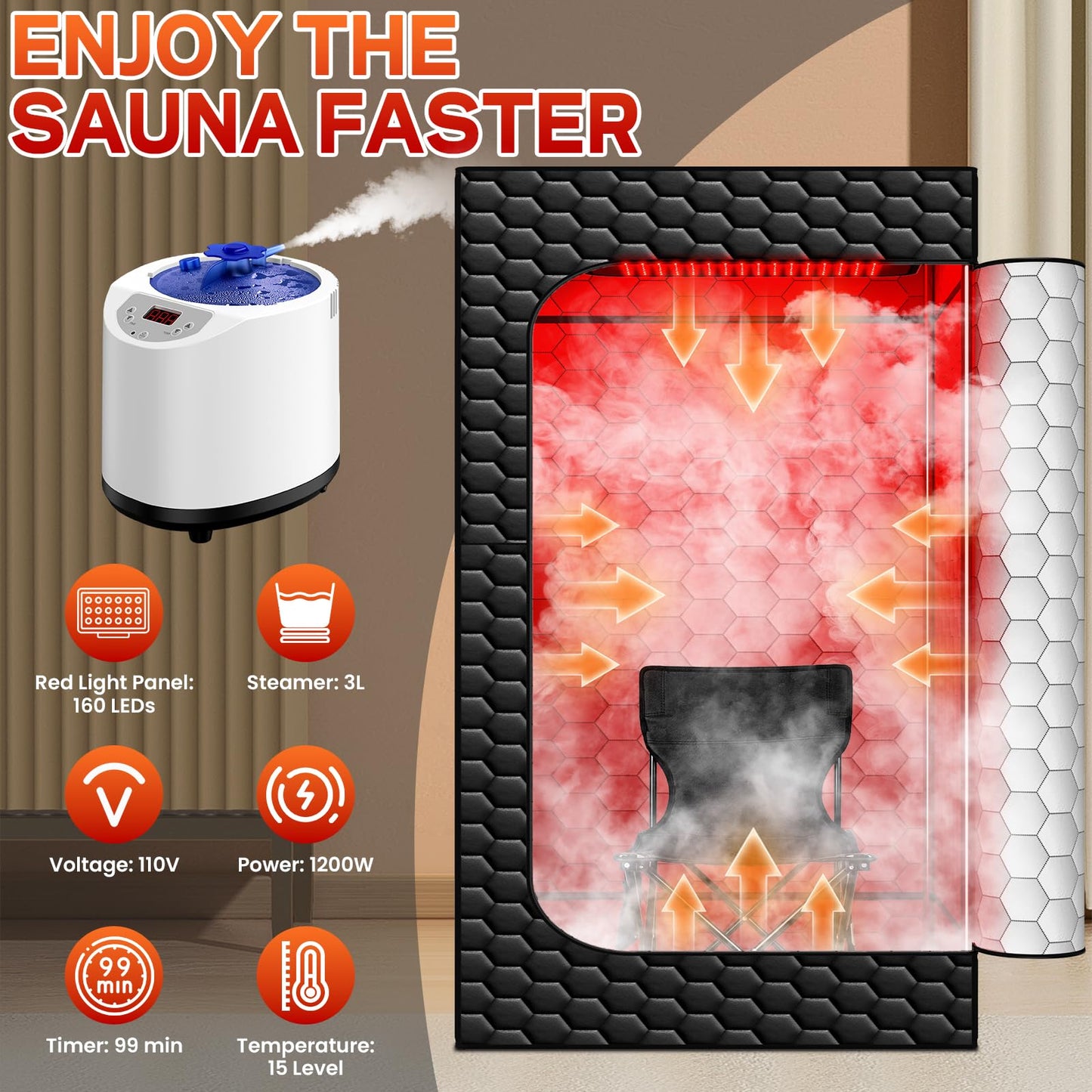 Portable Sauna for Home, Infrared Sauna, 160 LEDs 660nm and 850nm Large Red Light Sauna Box, Steam Saunas Tent with 3L Steamer, 15 Temp Levels & 99 Min Timer for Indoor Spa, Relaxation, Detoxification