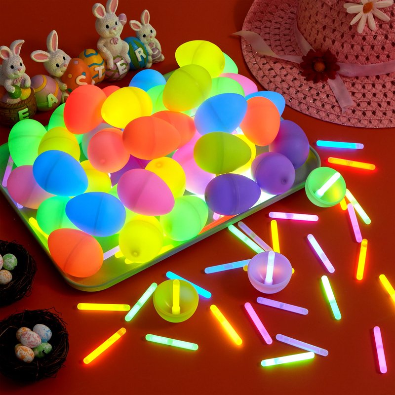 JOYIN 120 Pcs Easter Eggs with 120 Mini Glow Sticks for Kids Glow-in-The-Dark Basket Stuffers Fillers Gift, Easter Egg Hunt Game Party Favors Decorations Supplies, Classroom Prizes
