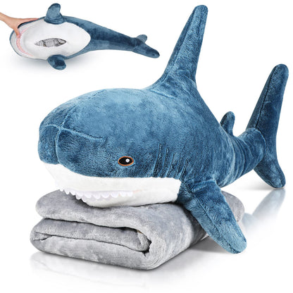 HyDren Shark Stuffed 2 in 1 Plush Toys Animal Shark with Blanket 32 Inch Giant Big Large Stuffed Pillow Blanket Soft Doll for Baby Toddlers Kids Boys Girls Women Home Room Decor Gifts(Dark Blue)