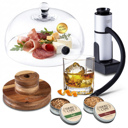 Smoky Crafts Food & Whiskey Smoker Kit with Updated Smoke Gun, 8" Glass Dome, Acacia Wood Top and Apple & Cherry Wood Chips - Old Fashioned Drink Smoker Kit