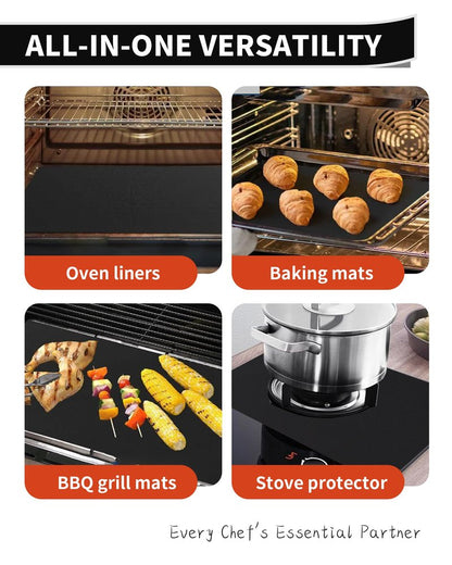 Oven Liners for Bottom of Oven - 4 Pack Large Heavy Duty Oven Mats, 17"x 25" Reusable Matt Liner for Electric, Gas, Toaster Ovens & Grills, BPA & PFOA Free, Kitchen Essentials, Black