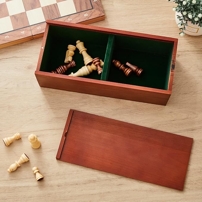Heavy Slide-top Chess Pieces Storage Box Wooden Case Only 12.5 x 5.5 x 4 Inches with Flannel Lining with 2 Large Storage Compartments Hold a Set of Chess Pieces from 3.0 to 4.4