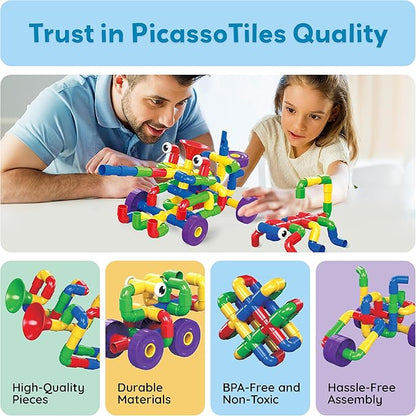 PicassoTiles PTT136 136pcs Tubular Pipes &amp Spout STEAM Interlocking Educational Building Block Set Tube Locks Pipeworks Construction Blocks w/Storage Container Box Idea Book Flute Musical Kit