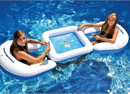 SWIMLINE ORIGINAL Inflatable Game Table Station With Waterproof Playing Cards &amp Two Inflatable Sling Chairs W/ CupHolders | Double Sided Game Set | Poker &amp Card Games | Chess &amp Checkers