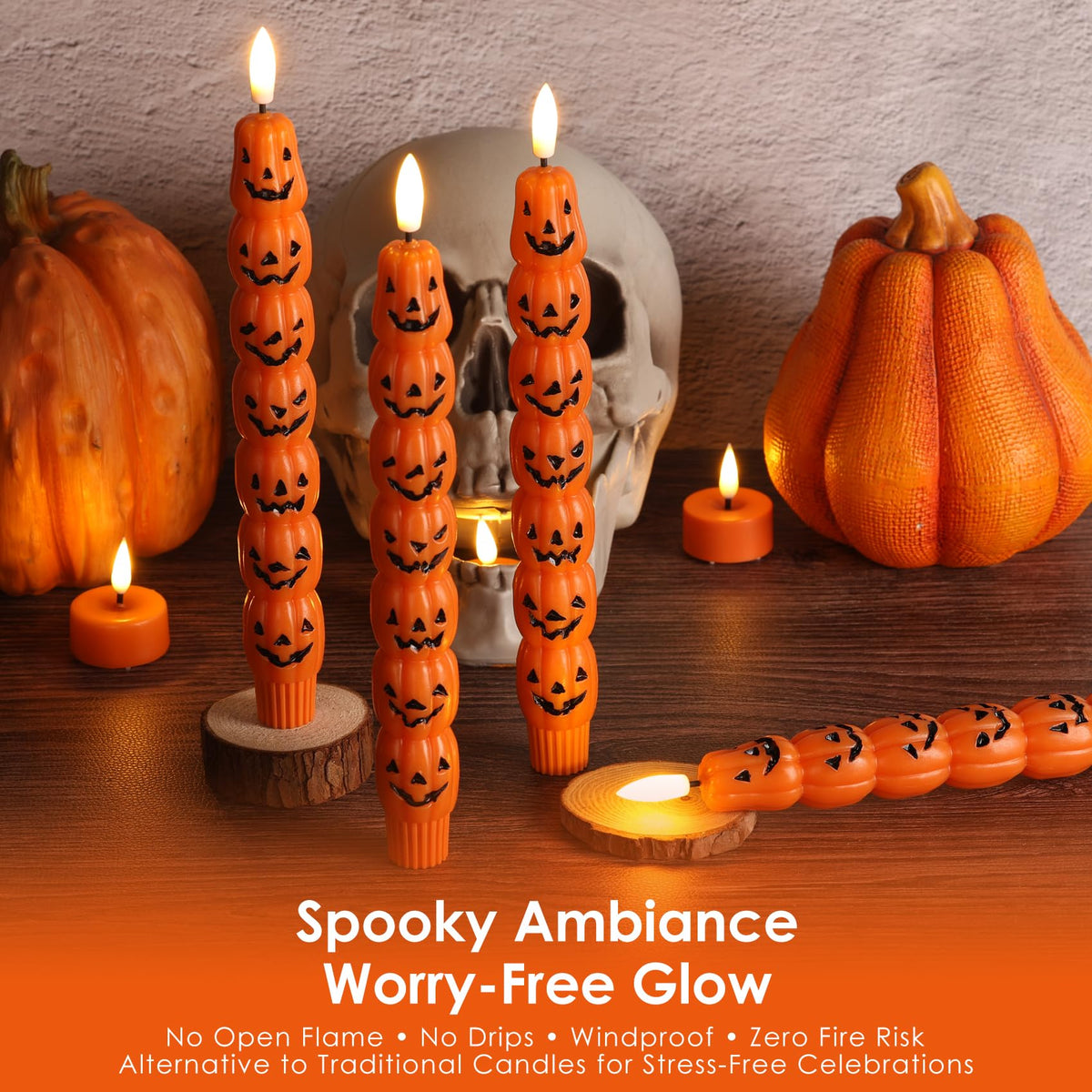 Girimax Orange Pumpkin Halloween Flameless Taper Candles with Remote, Flickering Spooky LED Wax Candlesticks Battery Operated, Set of 2