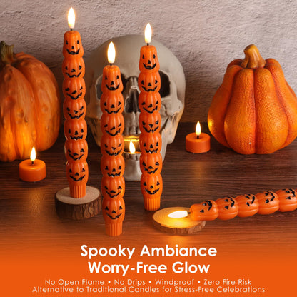 Girimax Orange Pumpkin Halloween Flameless Taper Candles with Remote, Flickering Spooky LED Wax Candlesticks Battery Operated, Set of 2