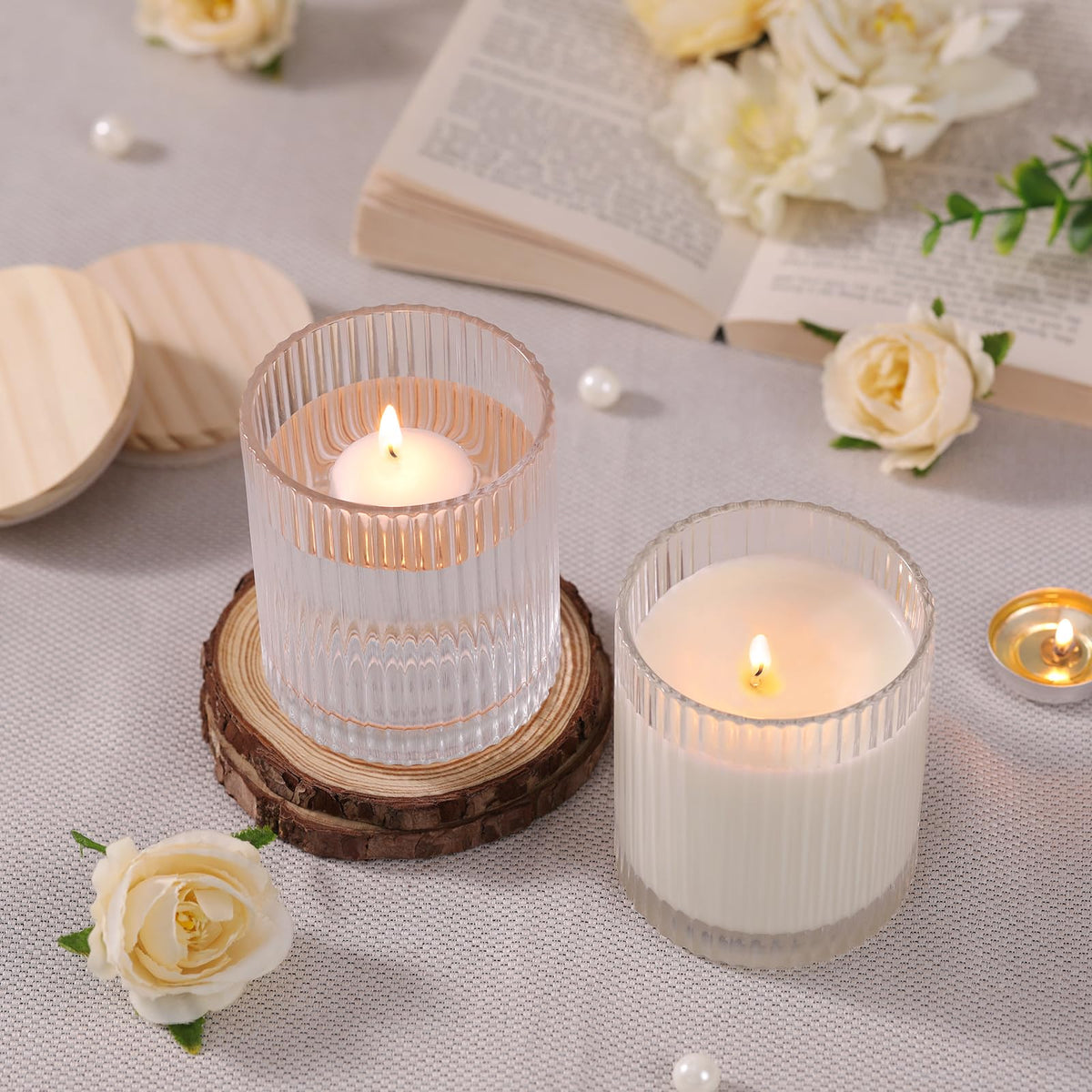 sunnyfuture 10 OZ Clear Candle Jars for Making Candles Set of 8, Ribbed Glass Candle Jars with Wood Lids and Labels, Candle Containers for DIY, Gifts, Home Decoration