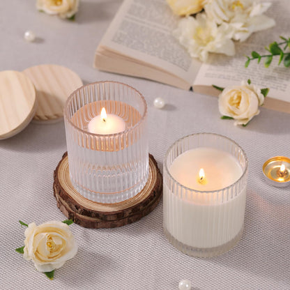 sunnyfuture 10 OZ Clear Candle Jars for Making Candles Set of 8, Ribbed Glass Candle Jars with Wood Lids and Labels, Candle Containers for DIY, Gifts, Home Decoration