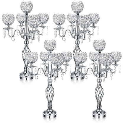 Nitial 4 Pcs 5 Arm Crystal Candelabra Centerpieces for Table 27 Inch Retro Victorian Crystal Candle Holders Bowl Table Centerpieces Decor for Wedding Banquet Valentine Dinner Party Event (Silver)