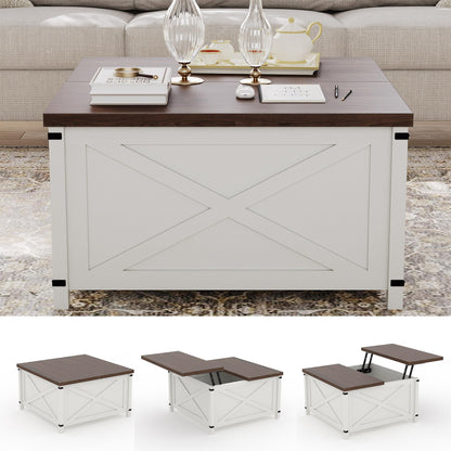 GarveeHome Hydraulic Lift Top Coffee Table with Hidden Storage, Farmhouse Industrial Style Accent Table, Sturdy Wood & Metal Construction, Safe Lift Mechanism, for Living Room Office