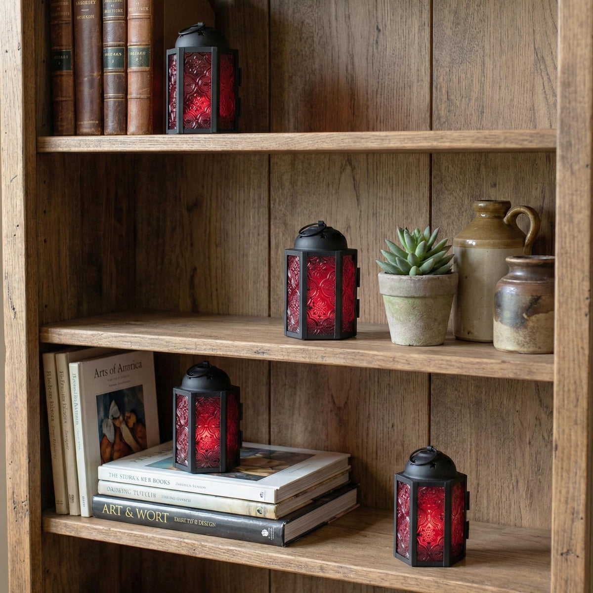 VELA LANTERNS Mini Moroccan Tea Light Candle Holder Lanterns – 4.25" Small Decorative Lantern for Table or Hanging, Metal with Glass Panels – Ramadan, Wedding, Home Decor, Ruby Red (Set of 4)