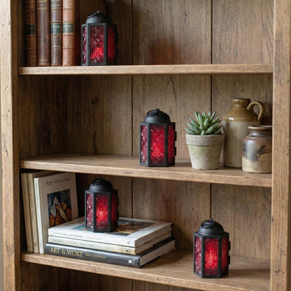 VELA LANTERNS Mini Moroccan Tea Light Candle Holder Lanterns – 4.25" Small Decorative Lantern for Table or Hanging, Metal with Glass Panels – Ramadan, Wedding, Home Decor, Ruby Red (Set of 4)