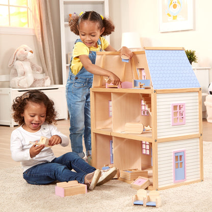 Melissa & Doug Wooden Multi-Level Dollhouse Wooden Multi-Story Pretend Play Dollhouse for Kids