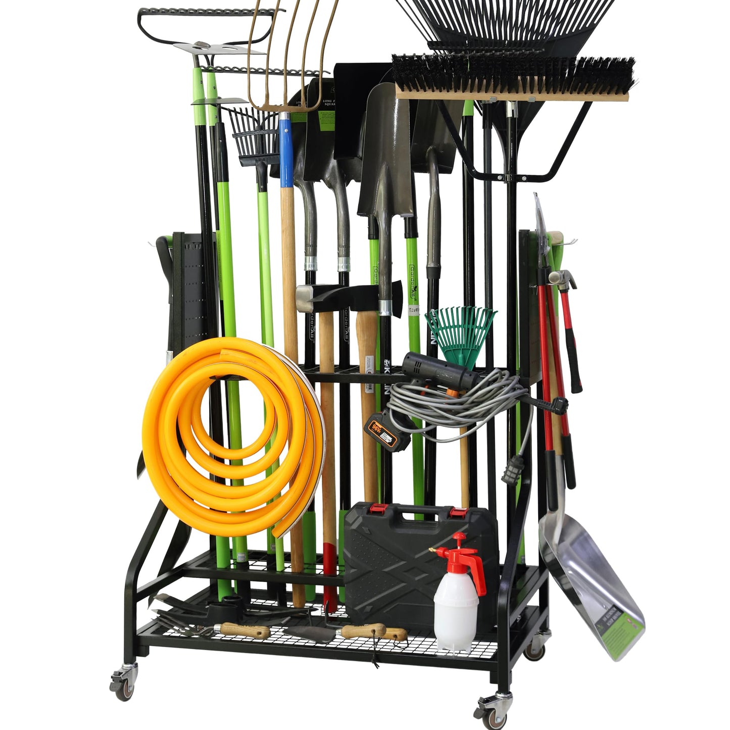 KYLIN Heavy Duty Garden Tool Organizer Rack on Wheels, 450 lbs Capacity with 4 Locking TPR Wheels, 55 lbs 0.059'' Steel Frame Mobile Garage Storage - No Nuts,No Bolts - Easy Assembly Utility Cart