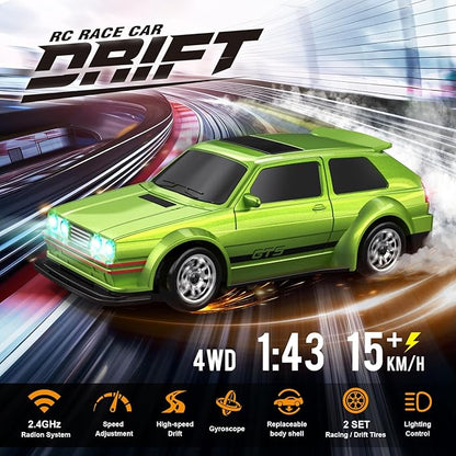 Mini RC Drift Car 1/43 with Gyroscope 4WD Full Proportional RC Car 2.4GHZ Hobby Grade Remote Control Cars RTR Model Vehicle 20+KM/H High Speed for Hobbyists Kids Adults (Lime Green)