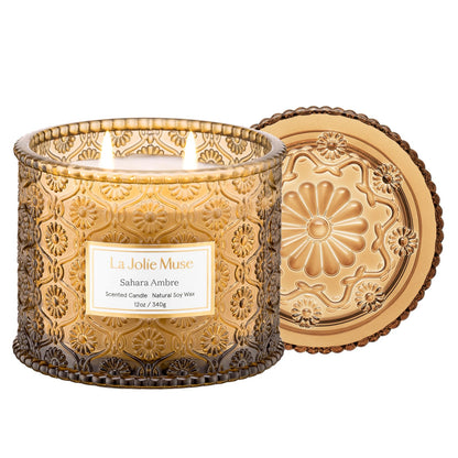 LA JOLIE MUSE Sahara Amber Scented Candles for Home | 2-Wick Non Toxic Natural Soy | Luxury Decorative Large Jar Candle | Gifts for Women & Men |Bergamot Musk | 12 oz