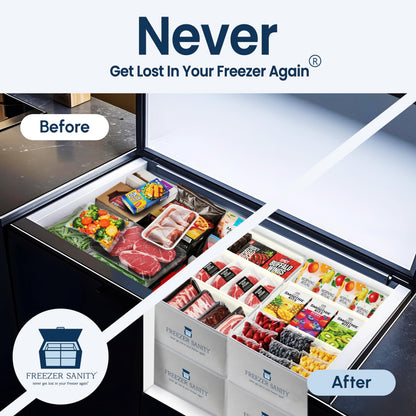 FREEZER SANITY The Original Chest Freezer Organizer Bins, Stackable Storage Organizers, Deep Freezer Dividers, Handles, Heavy-Duty, Waterproof (Large 19x14x9)