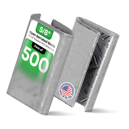 IDL Packaging Open Serrated Seals for 5/8" Strap Width Polyester (PET) Strapping (Pack of 500) – Increased Load Securement Due to Serrated Design of Strapping Clips