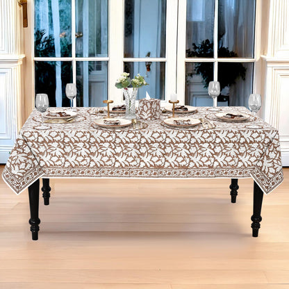 Ridhi Oak Brown Hand Block Print Cotton Rectangle Tablecloth 102" x 48" inches Reusable Table Cover Decorative Everyday Use for Dining Room, Farmhouse, Home Gift for Spring, Mother's Day